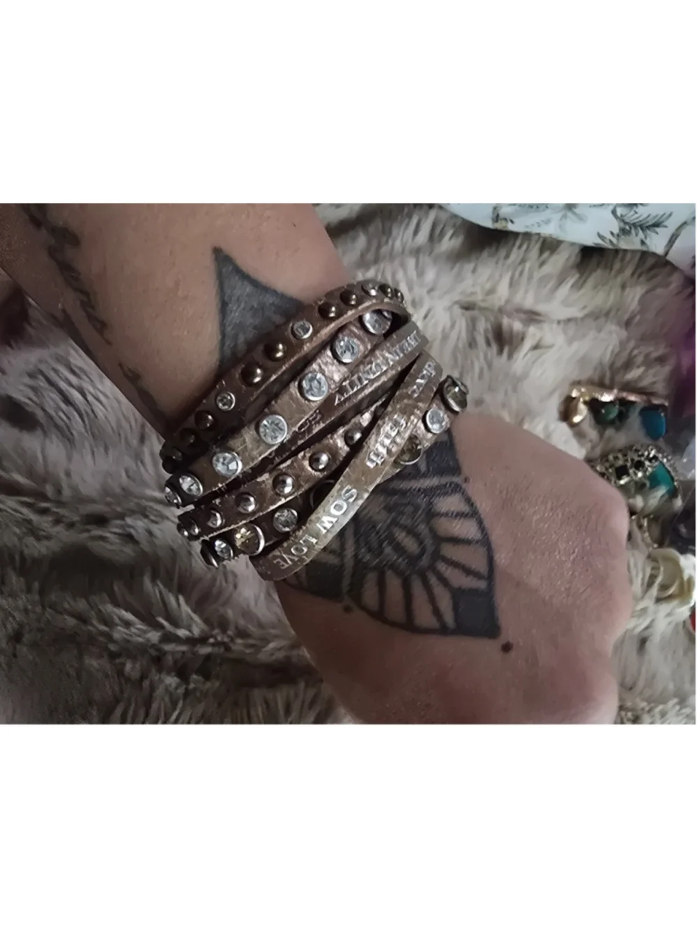 Vintage 2000's Good Works Leather Wrap Bracelet Brown Silver Rhinestone Boho